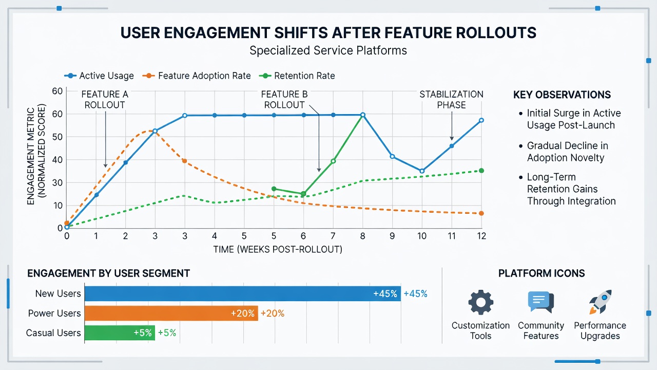 Visualization of engagement trends over time in specialized platforms with annotations for rollout dates