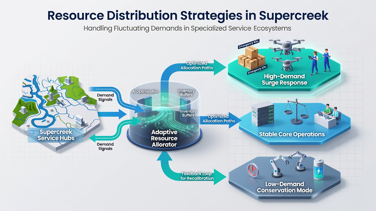 Resource Distribution Strategies in Supercreek for Handling Fluctuating Demands in Specialized Service Ecosystems